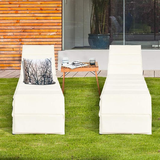 Tangkula Outdoor Chaise Lounge Chair, 5-Position Adjustable Rattan Recliner Chair w/Cushioned Seating and Adjustable Feet, Multifunctional Couch Furniture for Garden, Patio, Poolside (2, Off-White)