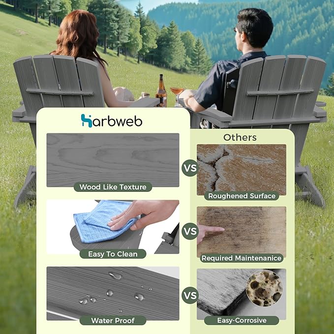 Folding Adirondack Chair with Wood Texture, HDPE All-Weather Fire Pit Chairs, Plastic Adirondack Chairs with 2 Cup Holder, Outdoor Lawn Chair for Patio Garden (Grey)