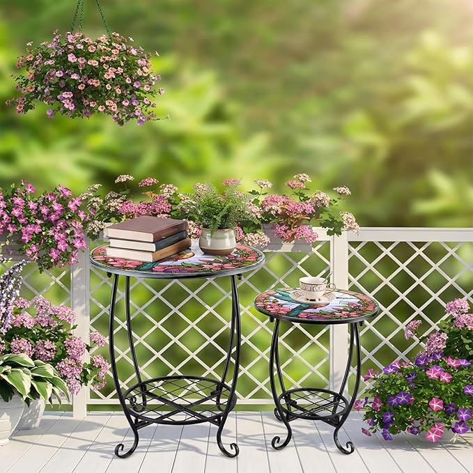 2 Pcs Outdoor Side Table Small Patio Round Mosaic Accent End Table Indoor Plant Metal Coffee Tea Tables for Patio Yard Porch Garden Living Room(12" and 16",Hummingbird Style)