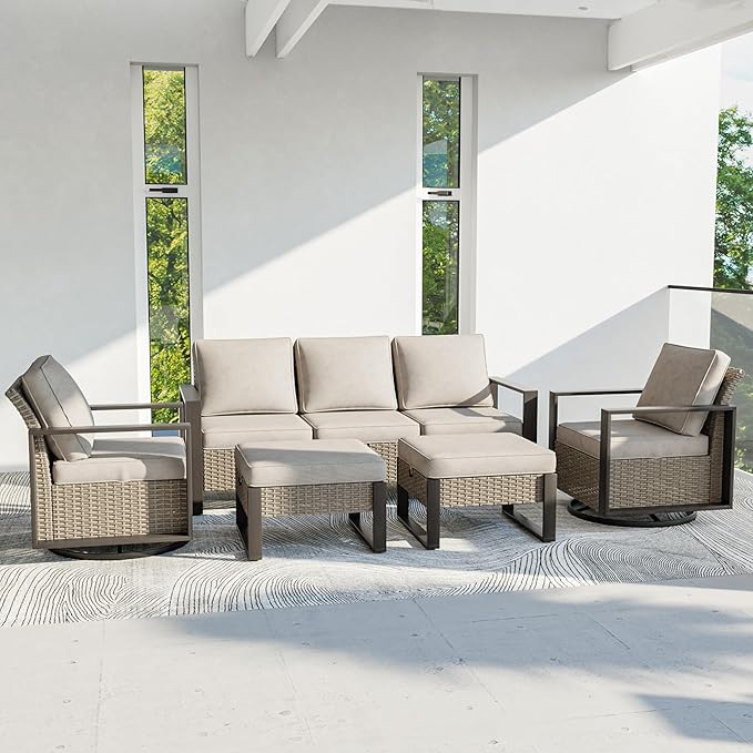 Outdoor Patio Furniture Set, 5 Piece Wicker Patio Conversation with Deep Seating, Thicken Cushions, Outdoor Swivel Rocker Patio Chairs, Metal Outdoor Furniture for Deck, Porch, Yard Use