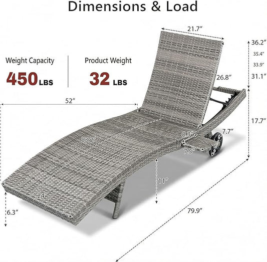 LUMISOL Patio Wicker Chaise Lounge Chairs Set of 2, 80'' Outdoor Rattan Reclining Lounge Chair with Rolling Wheels & Pull-Out Side Table, Adjustable Backrest, for Poolside Deck Pool, Grey