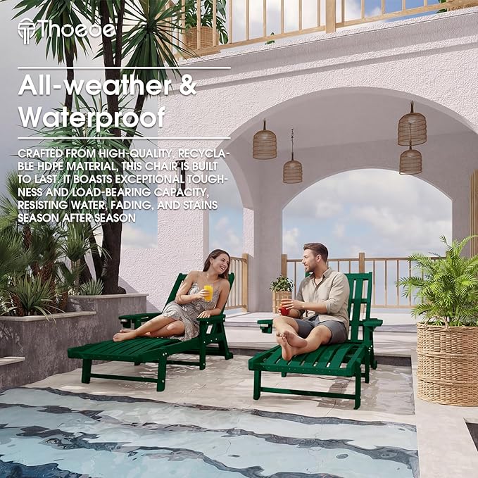 THOEOE Patio Chaise Lounge Chair Set of 4, Oversized Lounge Chair Outdoor with 5 Positions, HDPE, Patio Lounge Chair with Wheels & Cup Holder for Pool, Deck, Poolside,Green