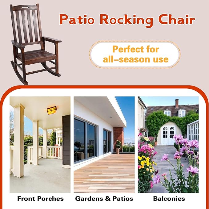 Wooden Rocking Chair Outdoor, Ergonomic High Back Patio Rocking Chairs, Porch Rocker for Backyard/Lawn/Patio/Garden/Balcony/FirePit/Indoor (Brown-1)