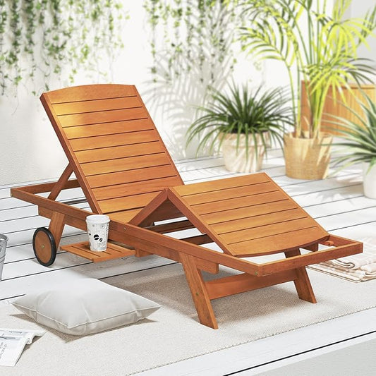 Tangkula Lounge Chair Outdoor with Wheels, Patio Wood Chaise Lounge with 4-Position Adjustable Backrest & Leg Area, Extendable Side Table, Pool Sunbathing Reclining Lounger for Outside Backyard (1)