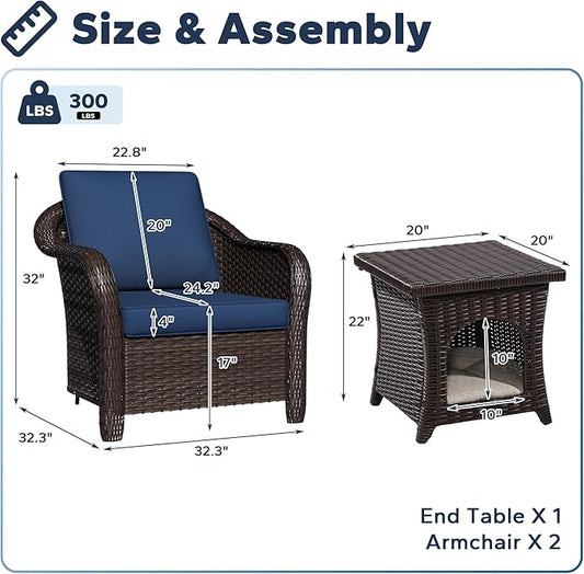 Patio PE Rattan Chairs Set of 2 with Cat Nest End Table, All-Weather & Steel Frame Outdoor Conversation Furniture Set with Washable Cushions for Garden, Bistro, Deck, Yard (Navy Blue)