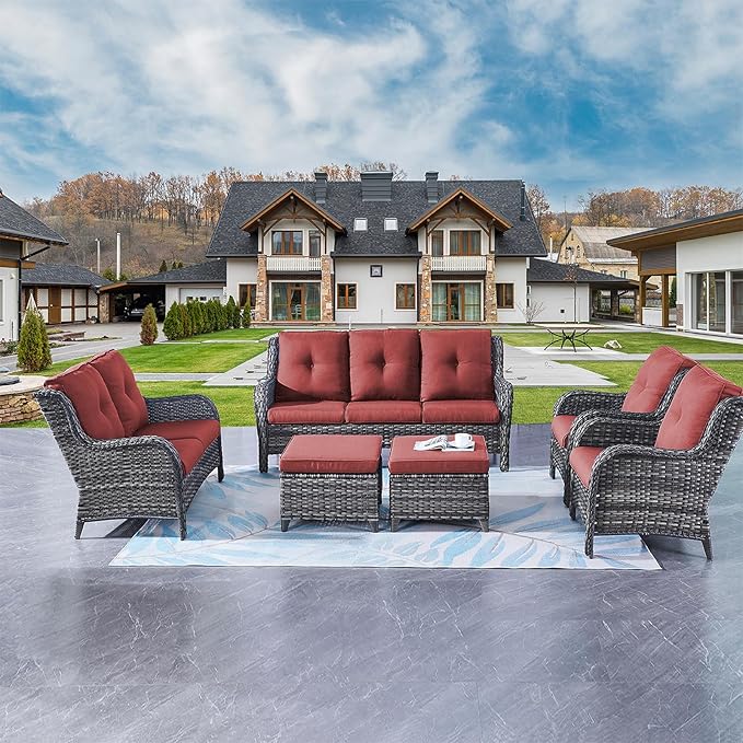 Rilyson Outdoor Patio Furniture Sofa Set - 6 Piece Rattan Wicker Patio Sectional Conversation Sets with 1 Sofa,1 Loveseat,2 Armrest Chairs and 2 Ottomans for Porch Deck Garden(Mixed Grey/Red)