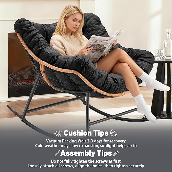 Outdoor Rocking Chair, Oversized Papasan Reading Chair Indoor with Thick Cushion, Comfy Rattan Rocker Egg Chair for Patio, Garden, Balcony, Lawn, Backyard, Bedroom, up to 450lbs, Black