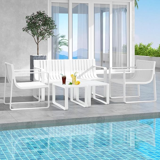 Tangkula Patio Loveseat, Weather-Resistant Plastic 2-Person Bench with Curved Backrest, Outdoor Conversation Furniture with Slatted Design for Patio, Poolside, Backyard, Garden, Deck, Lawn (White)