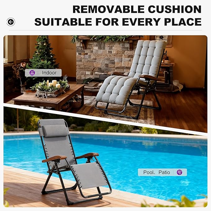PURPLE LEAF Outdoor Reclining Chair Patio Zero Gravity Chaise Lounge Folding Chair with Removable Cushion Adjustable Headrest for Lawn Camping Beach Pool Grey