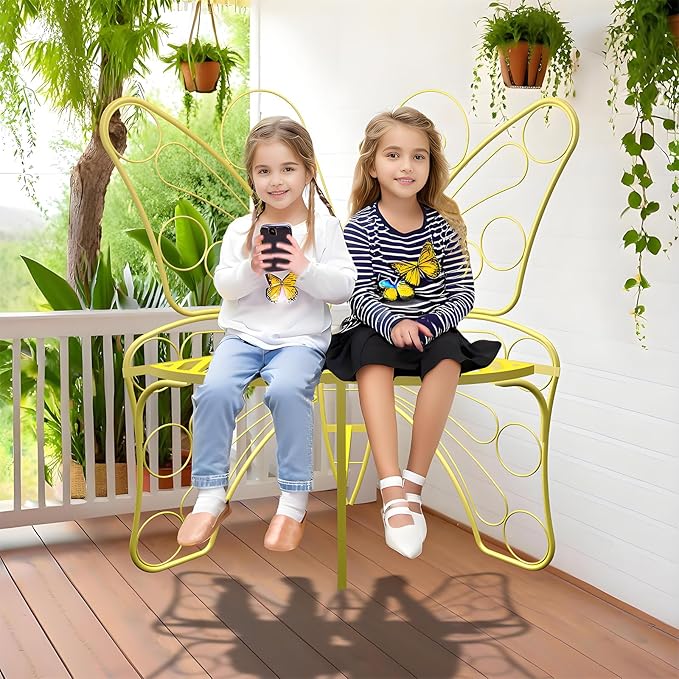 Butterfly Shaped Outdoor Bench, Golden Yellow Garden Bench with Sturdy Stable Metal Frame, Outdoor Metal Chair Butterfly Bench for Garden, Yard, Balcony, Lawn.(Golden Yellow/Small)