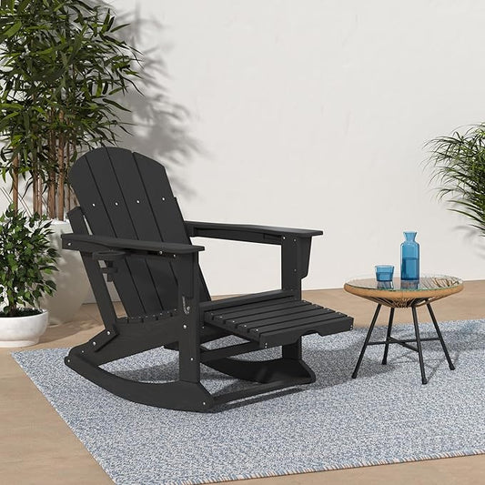 KINGYES Adirondack Rocking Chair Set of 4 with Retractable Ottoman and Cup Holders, HDPE Adirondack Rocker Patio Rocking Chair for Porch, Patio, Balcony, Black