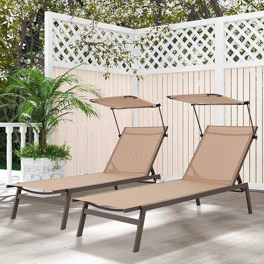 Tangkula 2 Pieces Patio Chaise Lounge Chair, Outdoor Recliner with Adjustable Canopy & Cup Holder, 6-Level Backrest, Heavy-Duty Metal Reclining Lounger for Poolside, Backyard (Brown)