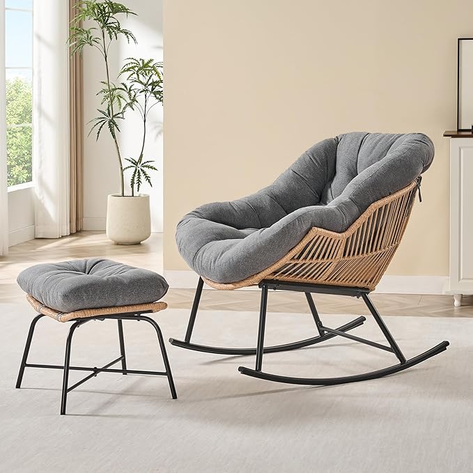 ONBRILL Papasan Rocking Chair with Ottoman,Oversized Papasan Chair with Padded Cushion, Indoor & Outdoor Rocker Chair for Living Room, Patio, Garden, Gray