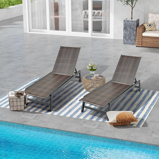 Giantex Patio Chaise Lounge Chair - Outdoor PE Rattan Recliner Chair with Wheels, 5-Position Adjustable Backrest, Steel Frame, Wicker Tanning Chair for Deck, Poolside, Yard, Beach Sunbathing Chair(2)