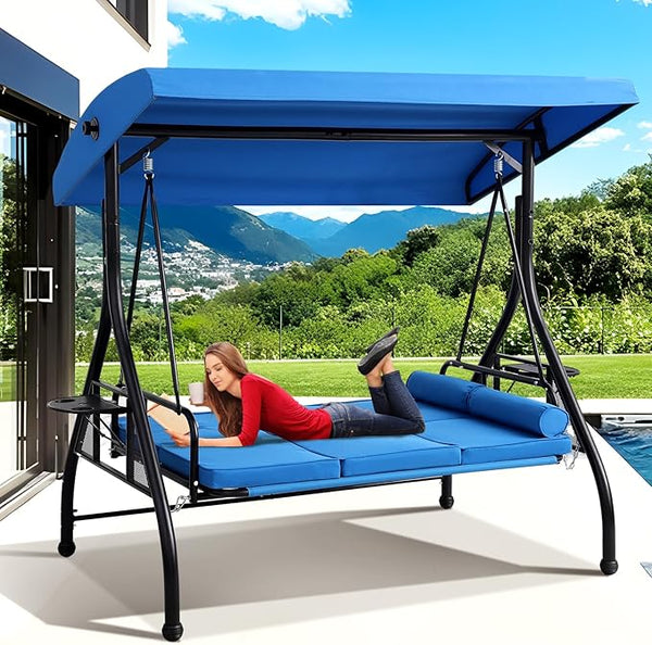 Grepatio 3-Seat Outdoor Porch Swing with Adjustable Canopy, 3 Person Convertible Porch Swing Bed with Stand - Photo 1