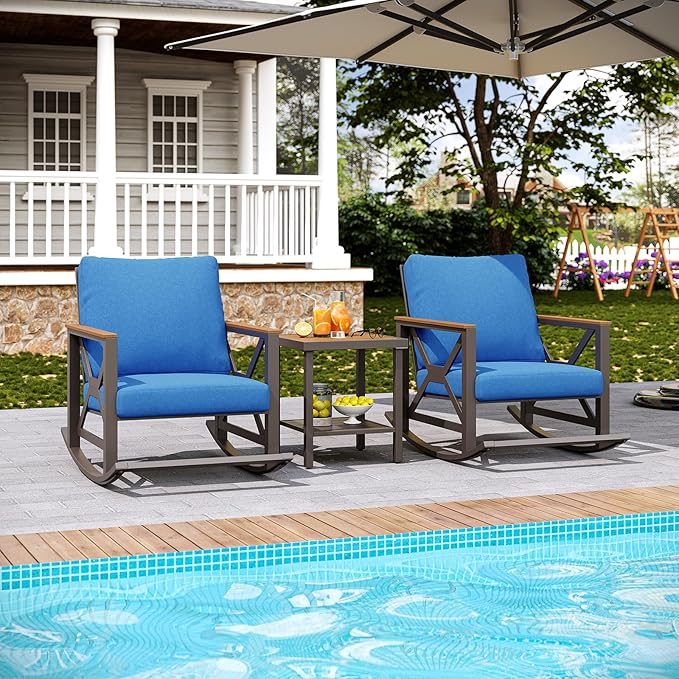 Rocking Bistro Set, 3-Piece Patio Conversation Set, Galvanized Frame Patio Rocking Chairs Set of 2 with Coffee Table and Thickened All-Weather Cushion (Blue)