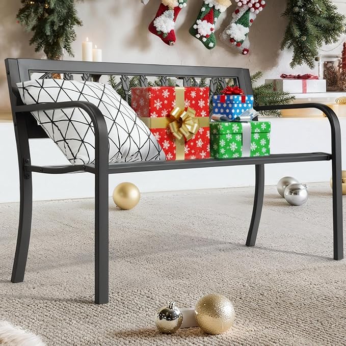 VINGLI Outdoor Metal Bench w/PVC Back - All Weather Resistant Black Garden Patio Bench for Entryway Front Porch Entryway Decor Deck (Black, Tulip)