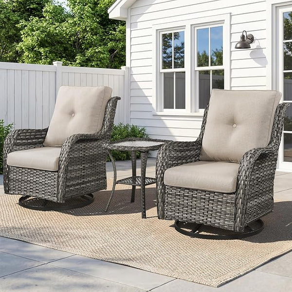 Belord 3 PCS Patio Furniture Set - Mixed Grey Wicker Swivel Rocking Chairs with Side Table, Furniture Set for Outdoor - Photo 1