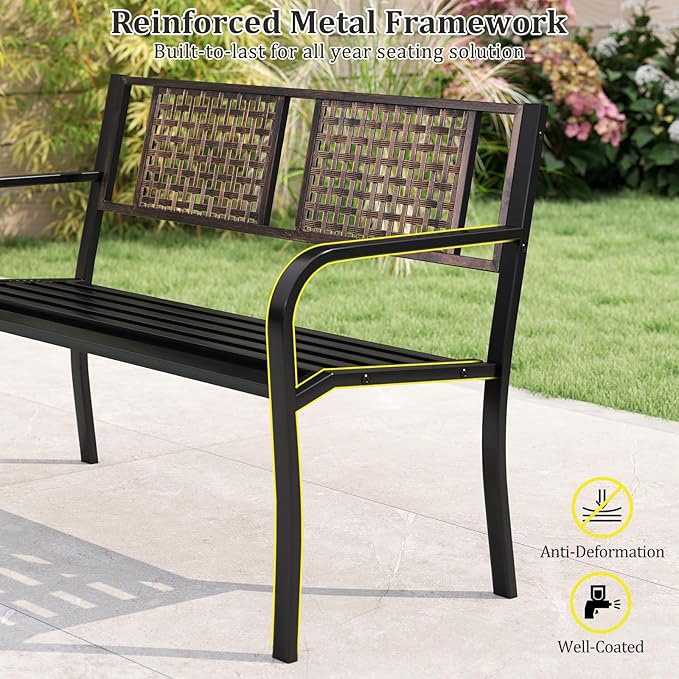Tangkula 50” Outdoor Metal Park Bench, Outdoor Garden Bench for 2-3 People with Rattan-Like Backrest & Curved Armrests, Heavy-Duty Patio Modern Slatted Seating for Backyard, Poolside, Porch