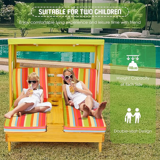 Costzon Kids Lounge Chair Outdoor, Wood Double Seat Chaise Lounge with Canopy, Cup Holders, Cushion, Backrest Recliner, Kids Patio Furniture, Gift for Boys Girls 3-8 Years Old