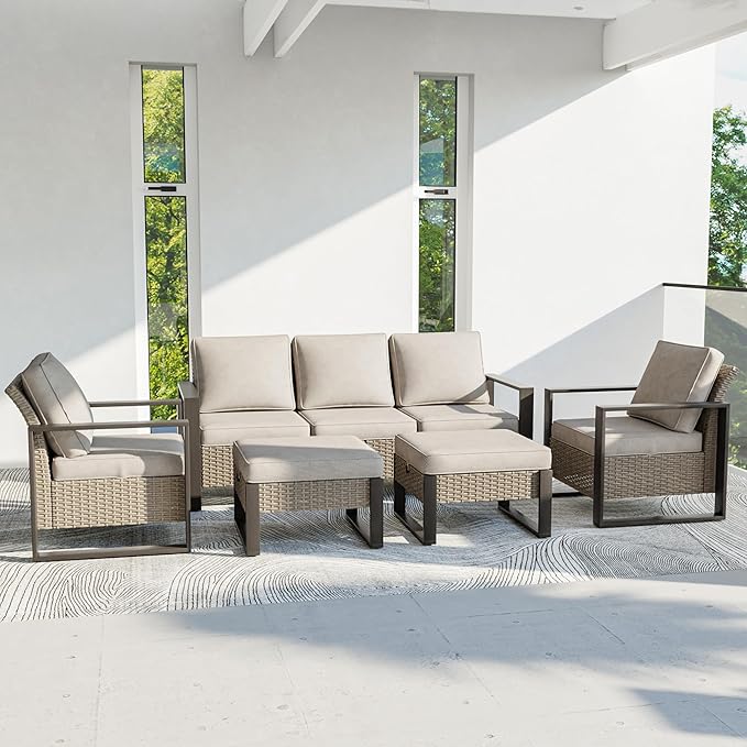 Outdoor Patio Furniture Set, 5 Piece Wicker Patio Conversation with Deep Seating, Thicken Cushions, Outdoor Club Chair, Metal Outdoor Furniture for Deck, Porch, Yard Use (Beige, 5 PCS/Chairs)