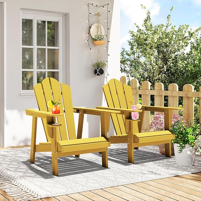 PROHIKER Adirondack Chair with Cup Holder, HDPE Outdoor Patio Chair All Weather Outdoor Chairs for Lawn Garden Porch Backyard, Plastic, Yellow