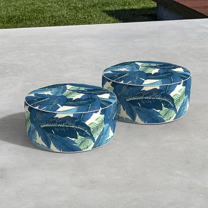 LVTXIII Indoor/Outdoor Inflatable Ottoman with Handle D21 x H9 Inch, Weather-Resistant Round Footstool Pouf for Patio Camping Living Room, Portable Footrest Extra Seating, Swaying Palms Blue