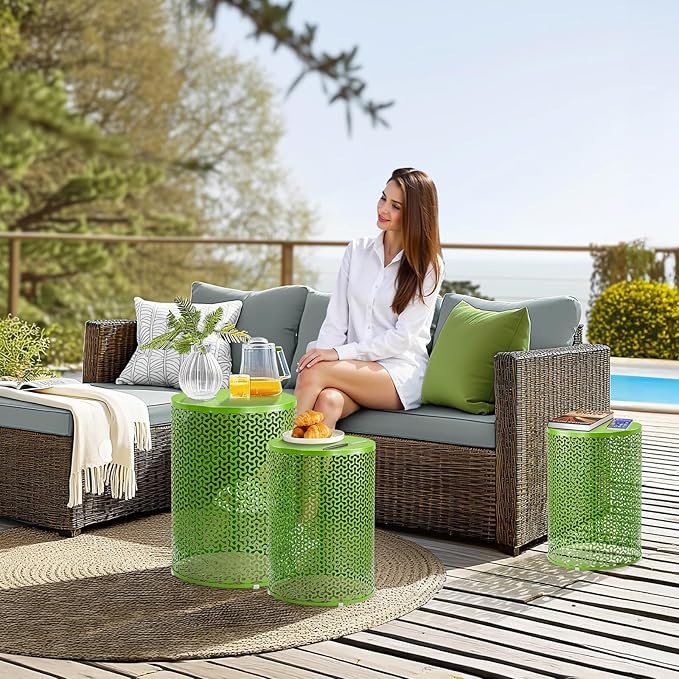 Outvita Outdoor Nesting Tables Set of 3, Heavy Duty Metal Frame Accent Modern End Table, Portable Side Table for Indoor, Outdoor, Living Room, Clover Pattern - Green