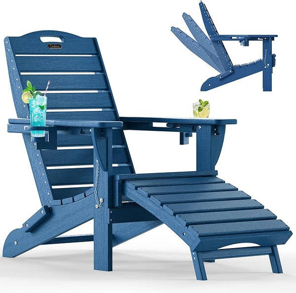 Ciokea Folding Adirondack Chair with Retractable Ottoman Fire Pit Patio Chair with Pull Out Foot Rest Weather Resistant - Photo 1