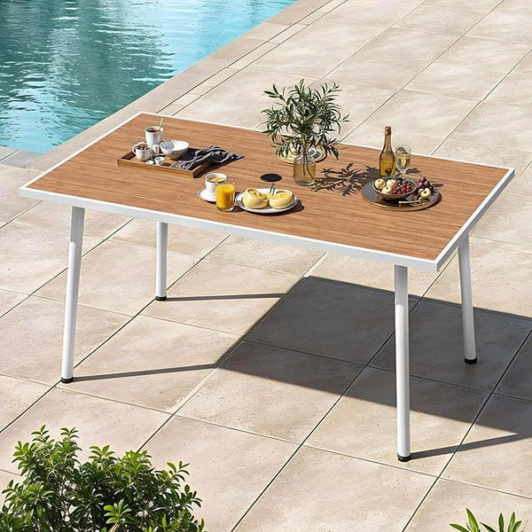 DWVO Outdoor Patio Dining Table Rectangular for 6, PE Rattan and Wood Finish Patio Table 59.1" L with Umbrella Hole - Photo 1