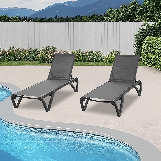 Outdoor Lounge Chairs Set of 2, Aluminum Pool Lounge Chairs with 5 Adjustable Backrest and Side Table, Full Flat Patio Lounge Chair for Sunbathing & Tanning, Poolside, Patio, Beach -Dark Grey