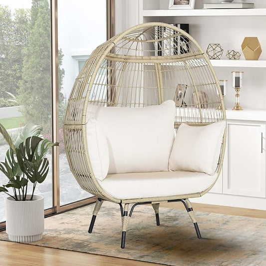 Giantex Oversized Wicker Egg Chair, Outdoor & Indoor Hammock Chair with Thick Cushions, 2-Person PE Rattan Lounge Chair Swing Chair for Patio, Backyard,Porch, 450 LBS Weight Capacity (Light Brown)