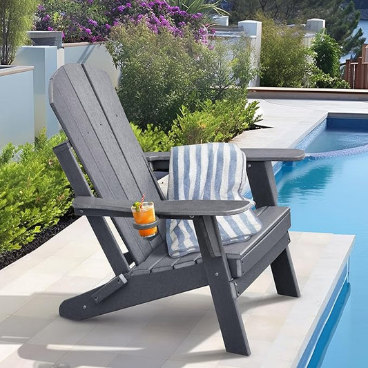 ATR ART TO REAL Folding Adirondack Chairs, HDPE Weather Resistant Outdoor Firepit Chairs with Cup Holder, Patio Folding Chairs for Garden, Lawn, Backyard, Deck, Fire Pit(Grey)