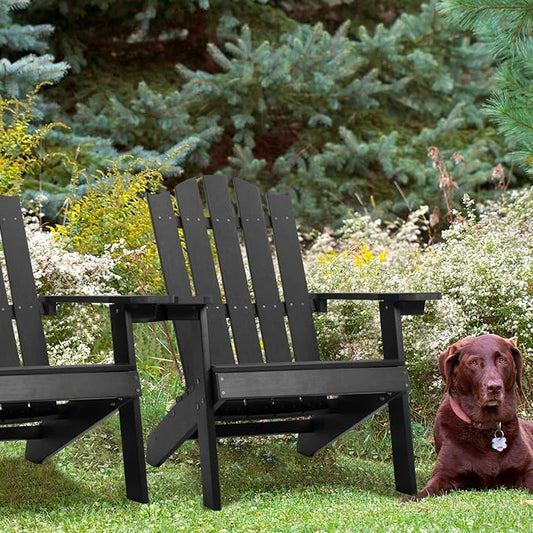 Melucivi Adirondack Chair Weather Resistant with Cup Holder, Fire Pit Chair Patio Outdoor Garden Resin Adirondack Chair for Adult, Black