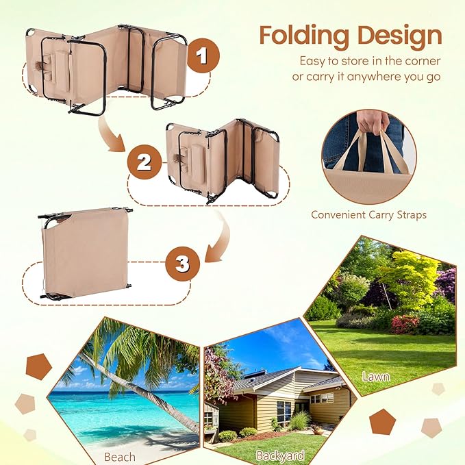 COSTWAY Tanning Chair with Face Hole, Pillows & Adjustable Backrest, Portable with Carrying Bag, Folding Beach Chaise Lounge for Sunbathing, Seaside (2, Beige)