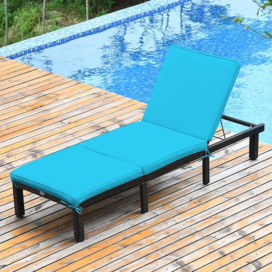 COSTWAY 2PCS Rattan Lounge Chair Chaise Recliner Adjustable Cushioned Turquoise