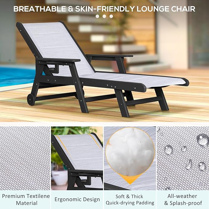 Outdoor Chaise Lounge Chair with Table, 5-Position Adjustable Patio Lounge Chair with Wheels & Cup Holder, HDPE Pool Lounge Chair for Outside, Poolside & Beach (Black+White)
