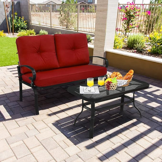 RELAX4LIFE Patio Loveseat with Coffee Table - 2-Piece Patio Conversation Sofa Set w/Backrest & Cushions, Modern Outdoor Glider Bench for Garden, Backyard, Poolside, Metal Porch Furniture (Red)