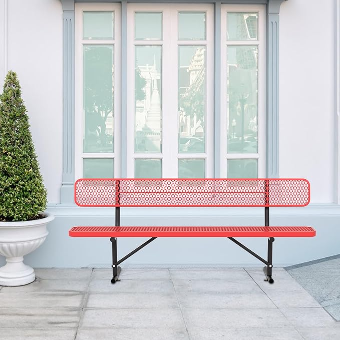 8 Ft Metal Park Bench for Outside, All-Weather Thermoplastic Coating Outdoor Bench with Backrest, Commercial Heavy Duty Benches for Shopping Malls, Stores, Parks, Patios, Decks,Red