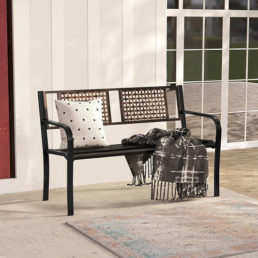 Tangkula 50” Outdoor Metal Park Bench, Outdoor Garden Bench for 2-3 People with Rattan-Like Backrest & Curved Armrests, Heavy-Duty Patio Modern Slatted Seating for Backyard, Poolside, Porch