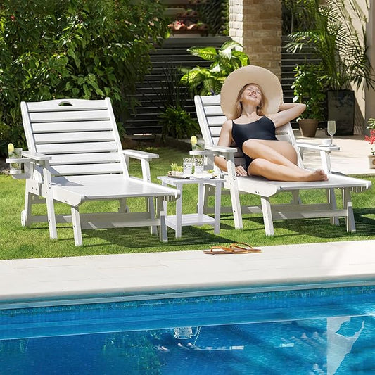 nalone HDPE Chaise Lounge Chair Outdoor with Wheels & Cup Holder, Pool Lounge Chairs with 5-Position Adjustable Backrest, Supports Up to 400 LBS for Patio Poolside Deck Beach Backyard (White)