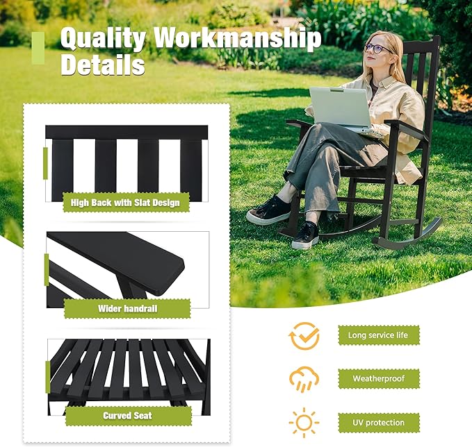 Greesum Outdoor Rocking Chairs Set of 2, Acacia High Back Oversized All-Weather Lounge Rocker with 320 lbs of Support for Patio, Garden, Deck, Porch,Black