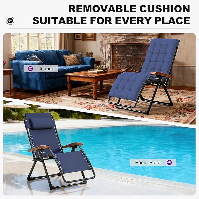 PURPLE LEAF Oversized Outdoor Reclining Chair Patio Zero Gravity Chaise Lounge Folding Chair with Removable Cushion Adjustable Headrest for Lawn Camping Beach Pool Navy Blue