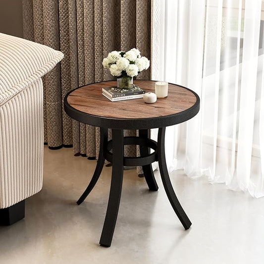 PHI VILLA Outdoor Round Side Table, 19" Small Metal End Table with Wood-Lile PVC Top for 2, All Weather Coffee Bistro Table for Patio, Deck, Porch, Balcony, Indoor