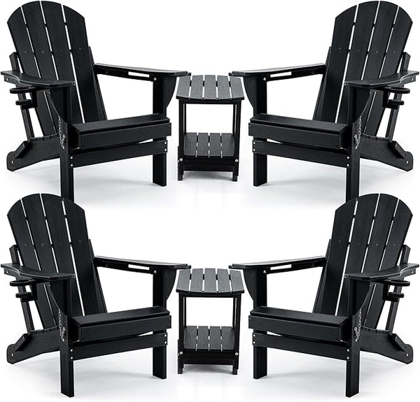 4 Chairs & 2 Tables Folding Adirondack Chair Set with Table – HDPE Weatherproof Outdoor Patio Chairs with Reclining - Photo 1