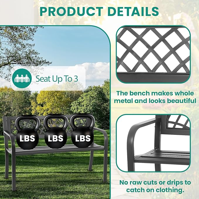 Garden Bench Outdoor Metal Garden Bench Patio Benches with Mesh Pattern Backrest Armrests for Patio Park Lawn Yard,Black