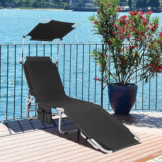 Goplus Tanning Chair, Foldable Beach Lounge Chair with 360°Canopy Sun Shade, Side Pocket, 5-Position Adjustable Outdoor Chaise Lounge Chair for Patio Pool Yard Lawn (1, Black)