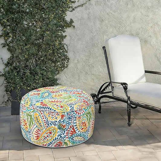 LVTXIII Indoor/Outdoor Extra Large Inflatable Ottoman Pouf D31 x H14 Inch, Round Footstool with Handle, Weather-Resistant Portable Furniture for Patio, Camping, Beach, Paisley Multi