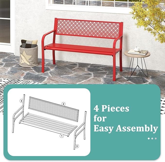 Tangkula 50 Inches Outdoor Garden Bench, Metal Patio Park Bench with Geometric Lattice Backrest, Armrests and Slatted Seat, Outdoor Loveseat Chair for Porch, Lawn and Yard (Red)
