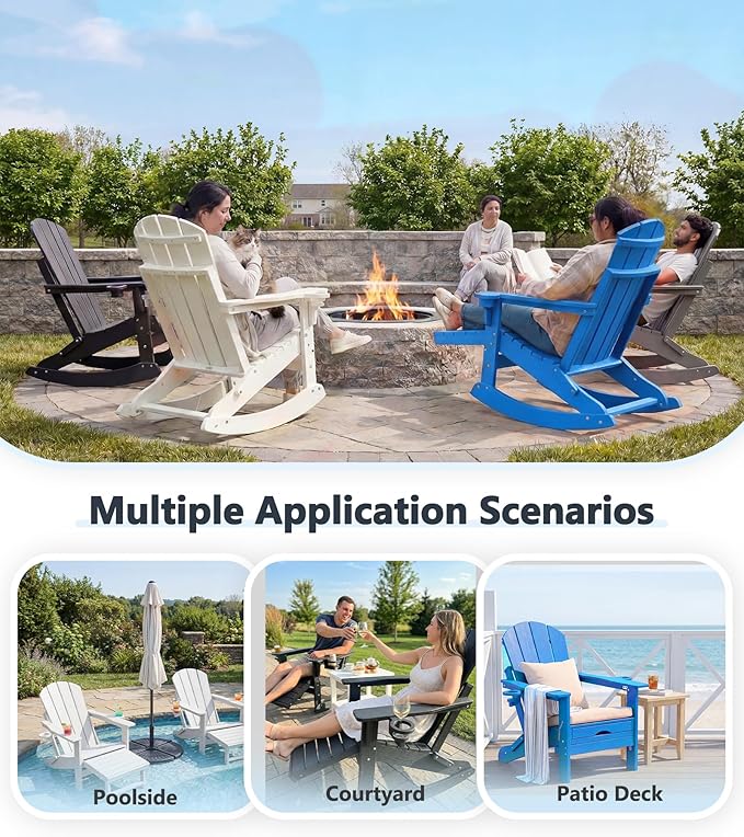 PASAMIC Adirondack Rocking Chairs Set of 2, Foldable All-Weather HDPE Patio Rockers with Retractable Ottoman & Cup Holder, Outdoor Chairs for Porch Backyard Pool Garden Balcony, Gray